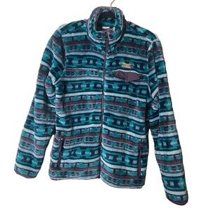 LL Bean Women’s Size Medium Full Zip Fleece Sweater Blue Aztec Print